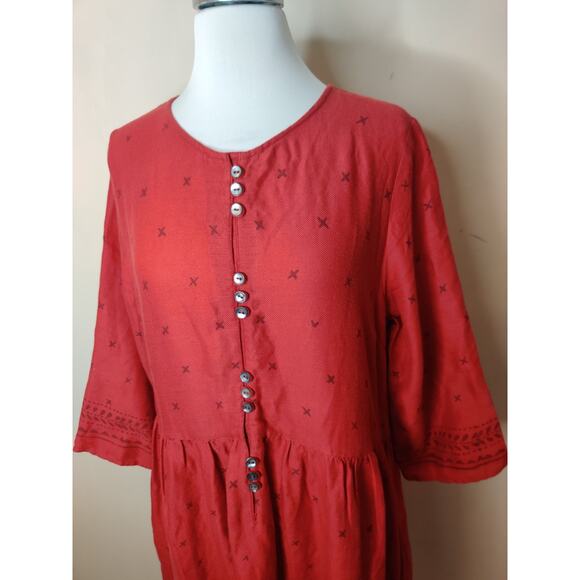 Gudrun Sjoden Red Midi Dress Cotton Wool Pockets Block Print - Picture 4 of 11